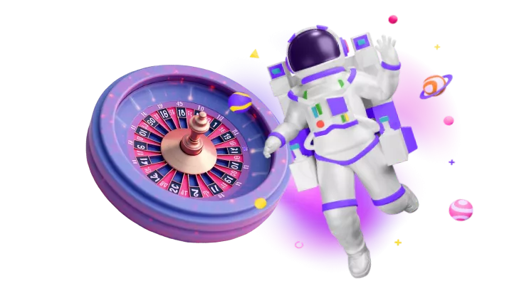 Astronaut mit Rouletterad im bunten Golden Star Casino Weltraum